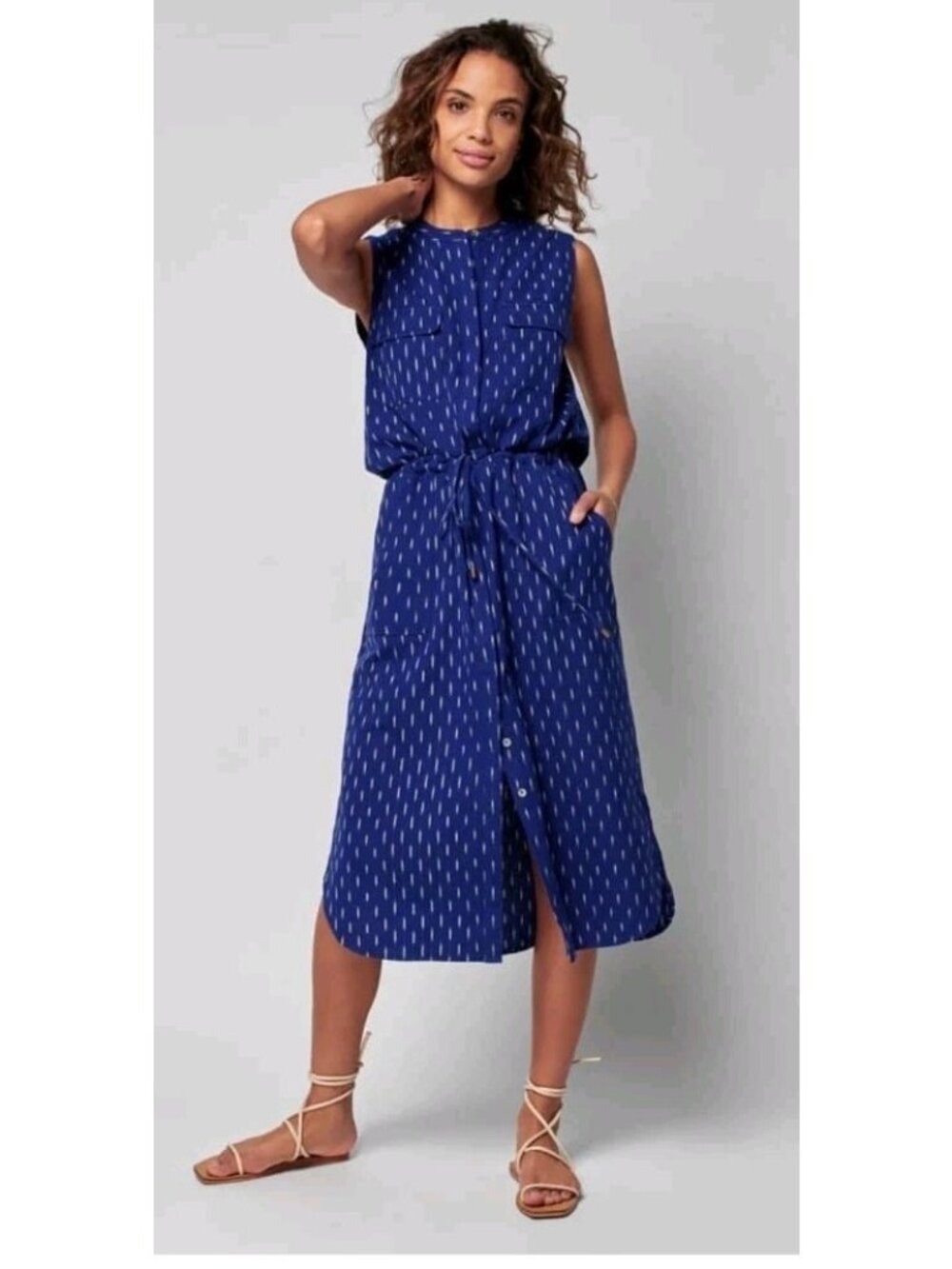 Faherty Women's S Saylor Midnight Ikat Tie Waist Coastal shirt dress button midi